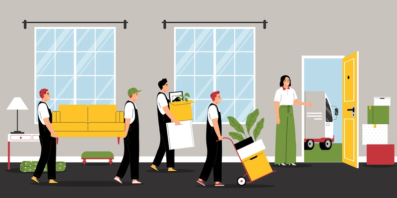 Moving to new house flat background with movers in uniform going to load furniture and boxes into van vector illustration