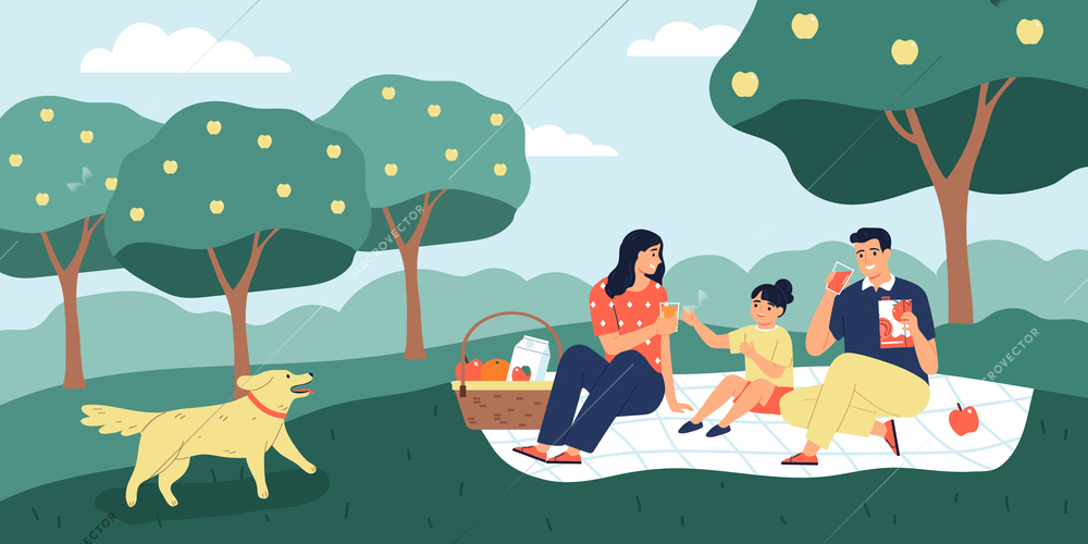 Family drinking fruit and tomato juice on picnic in garden flat vector illustration