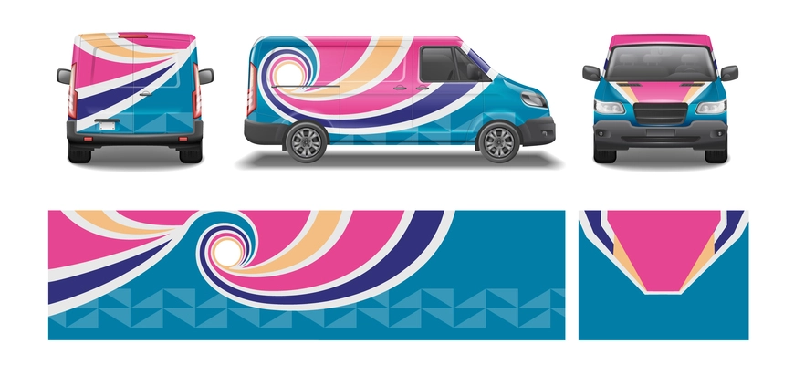 Car van mockup livery wrap design realistic set of isolated angle views of automobile and branding vector illustration