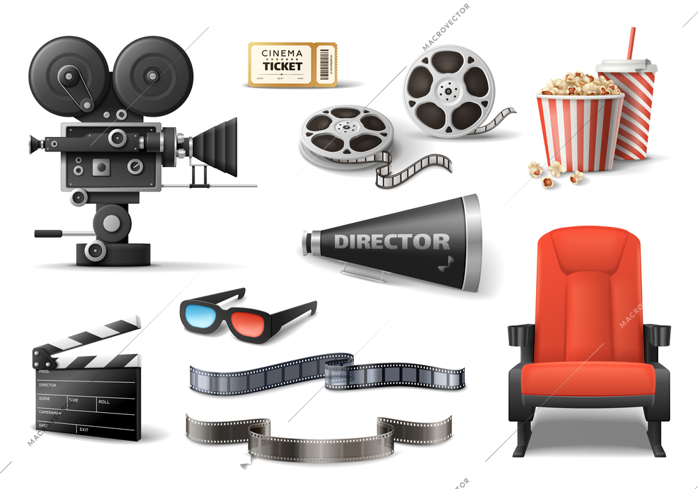 Movie film cinema set with isolated icons of reel camera clapper glasses and seat with popcorn vector illustration