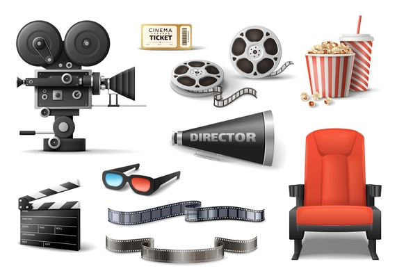 Movie film cinema set with isolated icons of reel camera clapper glasses and seat with popcorn vector illustration