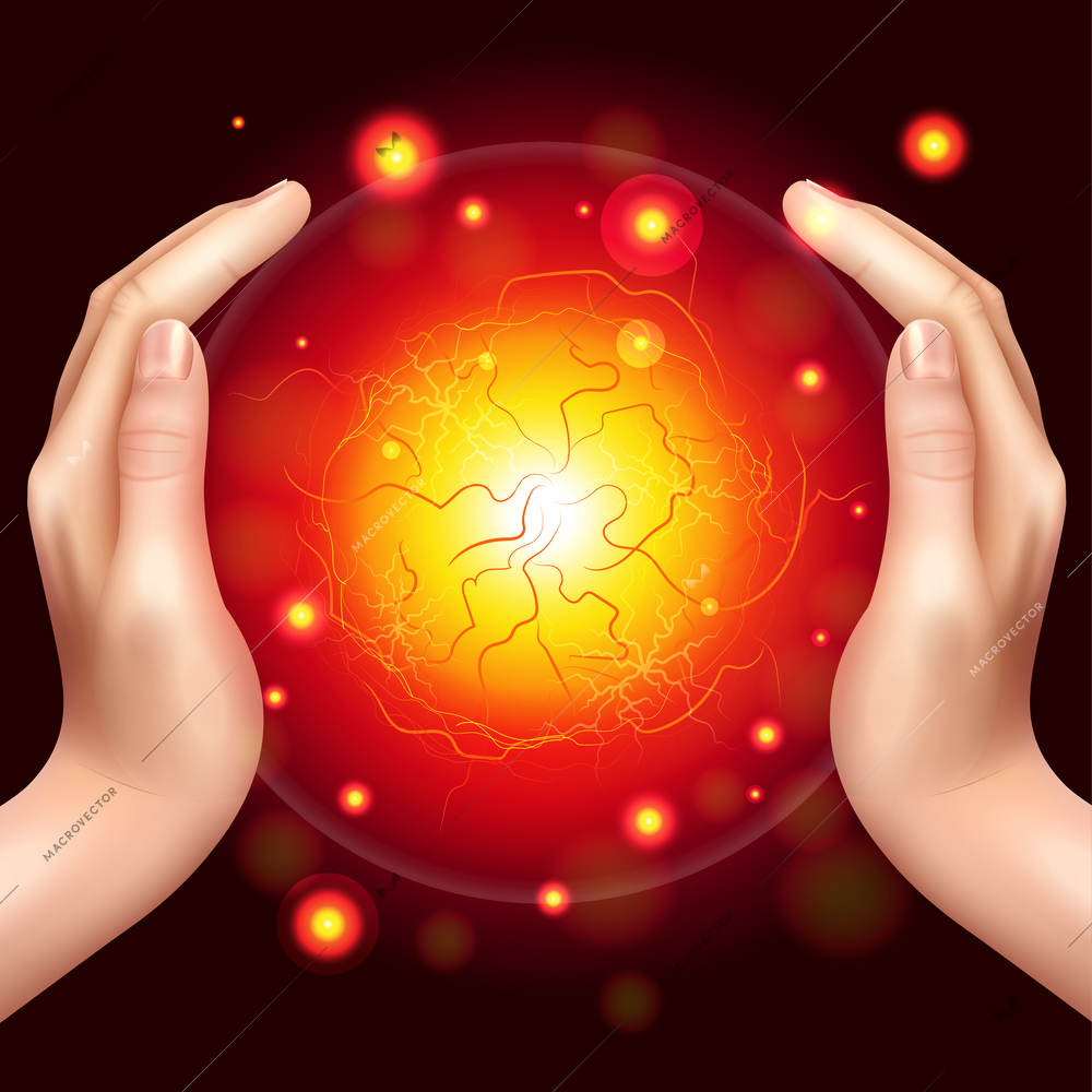 Realistic magic crystal hands composition with human hands holding shining sphere with luminescent core and sparkles vector illustration
