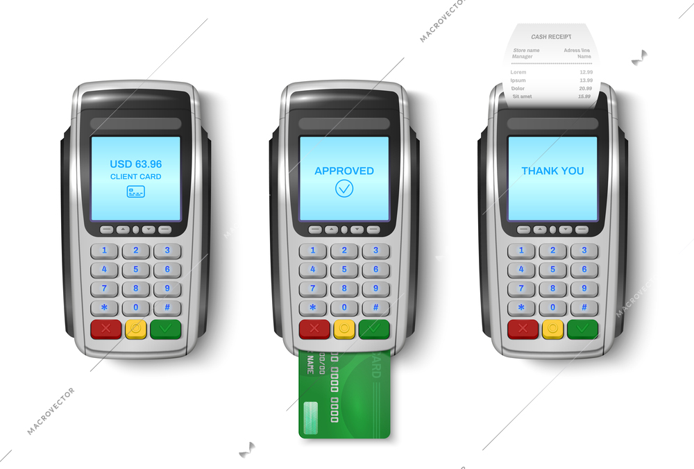 Realistic acquiring bank POS set isolated vector illustration