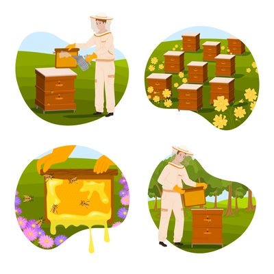 Beekeeping flat 2x2 set of circle shaped compositions with outdoor landscapes with beehives and pollen frame vector illustration