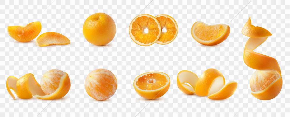 Fresh oranges realistic set with whole and sliced peeled and unpeeled fruit isolated on transparent background vector illustration