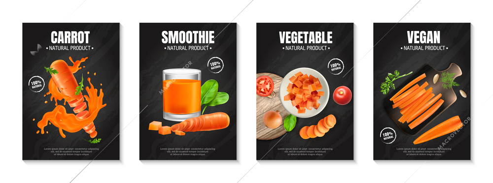 Realistic carrot set of four vertical posters with images of dishes and drinks made with carrot vector illustration