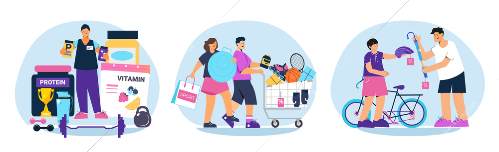 Sport shop set with three isolated round compositions of people buying sport goods protein vitamins packs vector illustration