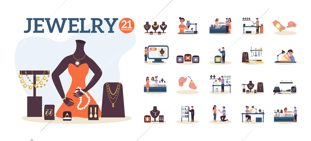 Flat jewelry store composition icon set with jewelry workshop online store showcases with necklaces craftsmen and salesmen at work vector illustration