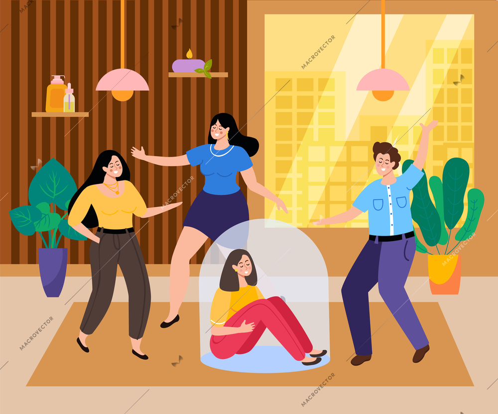 Introvert and extrovert people flat background  with sad girl under glass dome and funny teens dancing around her vector illustration