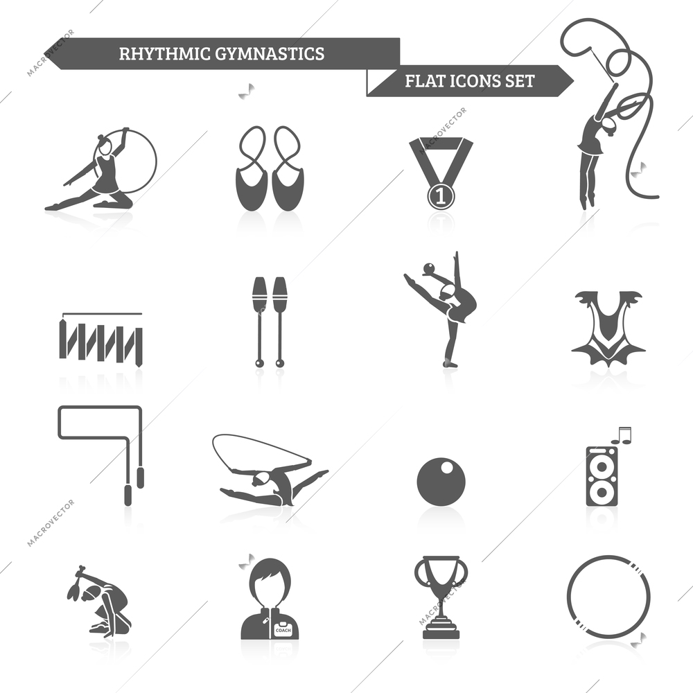 Rhythmic gymnastics and acrobatic fitness exercises black icons set isolated vector illustration