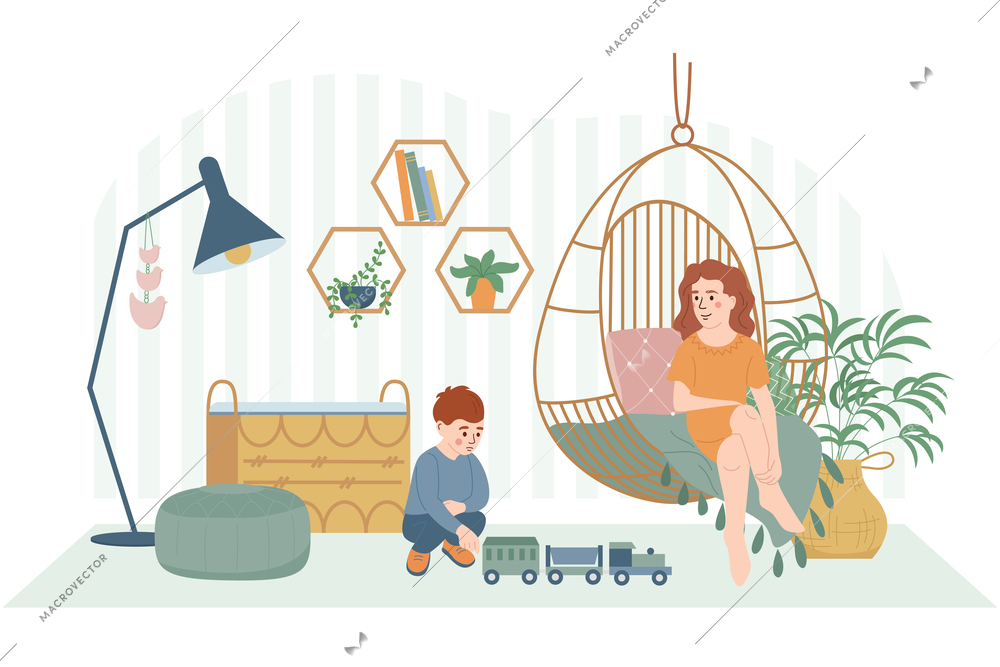 Lagom life flat composition with indoor interior hanging lounge chair home plants and mother with child vector illustration
