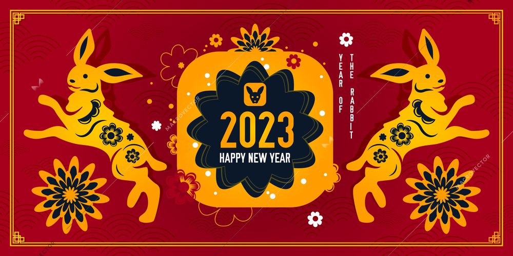 Chinese new year 2023 horizontal poster with zodiacal sign of rabbit flat vector illustration