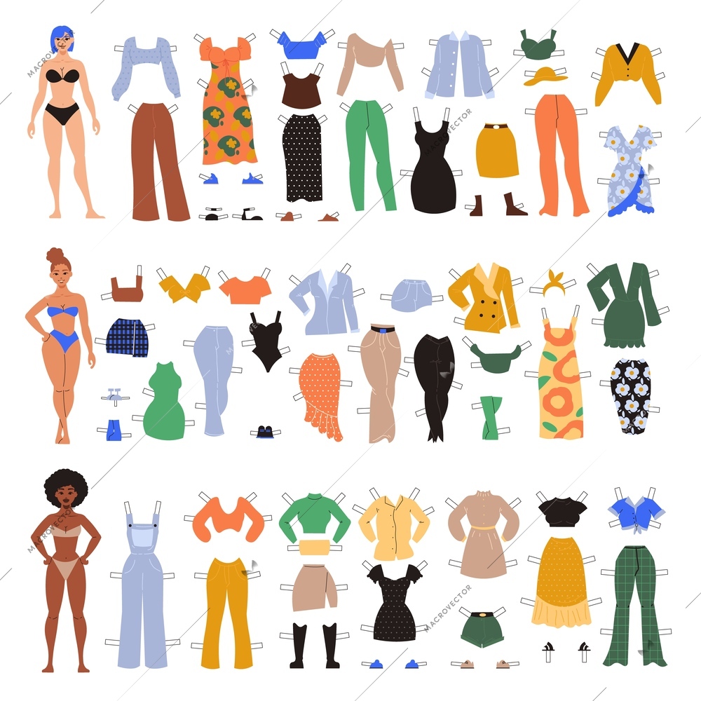 Paper doll girl clothes set flat isolated vector illustration