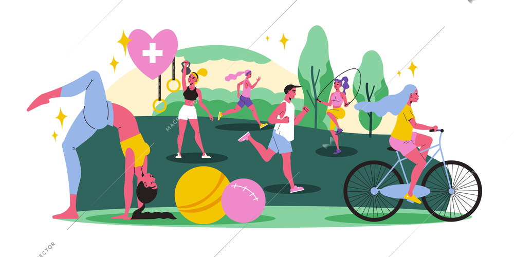 Healthy lifestyle concept with fitness and activity symbols flat vector illustration