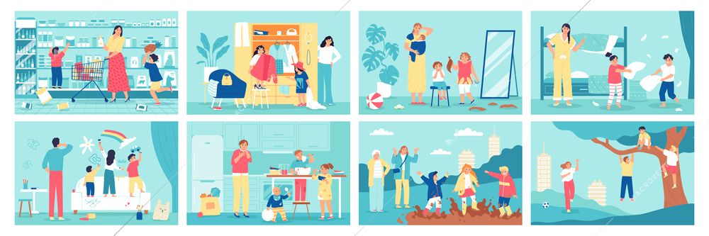Childhood pranks set of flat horizontal posters with naughty playful children and angry parents in different situations isolated vector illustration