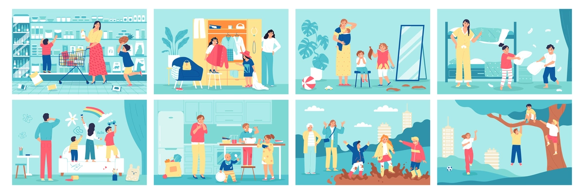 Childhood pranks set of flat horizontal posters with naughty playful children and angry parents in different situations isolated vector illustration