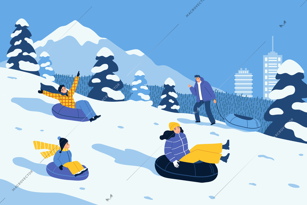 Winter holiday flat background with happy people sliding down hill on inflatable sledges vector illustration