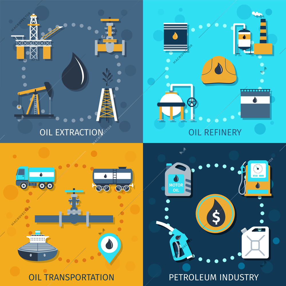 Oil industry flat icons set with extraction refinery transportation petroleum isolated vector illustration