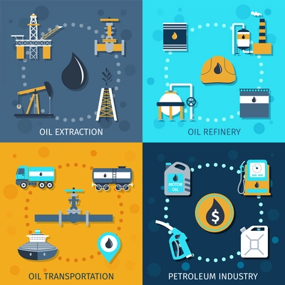 Oil industry flat icons set with extraction refinery transportation petroleum isolated vector illustration