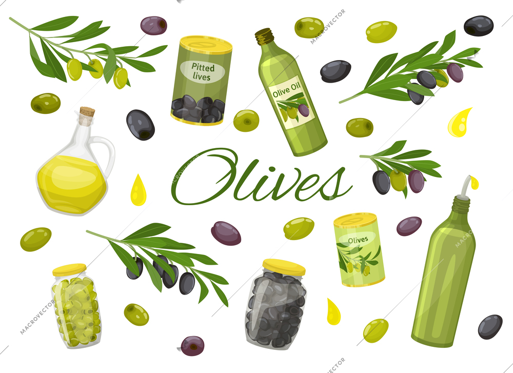 Green and black olives flat background with oil in bottles and canned vector illustration