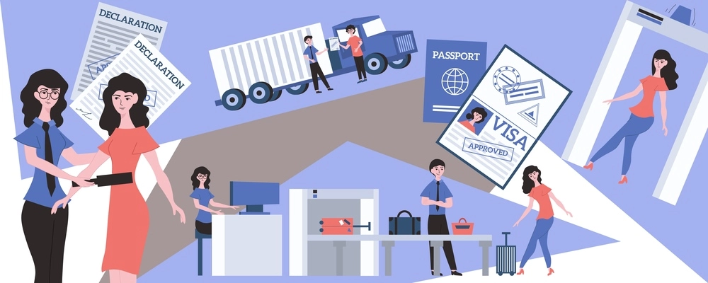 Customs control composition with collage of flat images human characters of immigration officers and scanner devices vector illustration