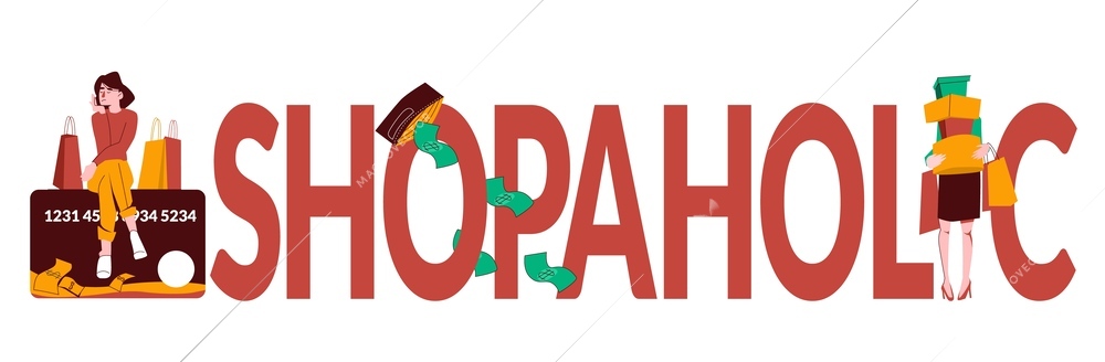 Shopaholic flat text with big letters and small people figures  holding many shopping bags vector illustration