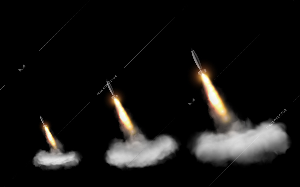 Realistic set of three launched missiles leaving fire and smoke contrails isolated on black background vector illustration