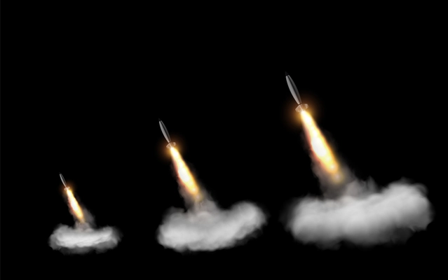 Realistic set of three launched missiles leaving fire and smoke contrails isolated on black background vector illustration