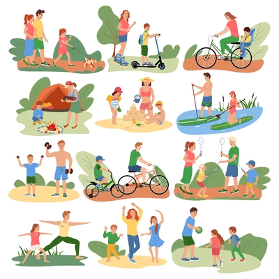 Family outdoor activities flat icons with adult people and children rollerblading riding bicycle doing exercises playing badminton isolated vector illustration