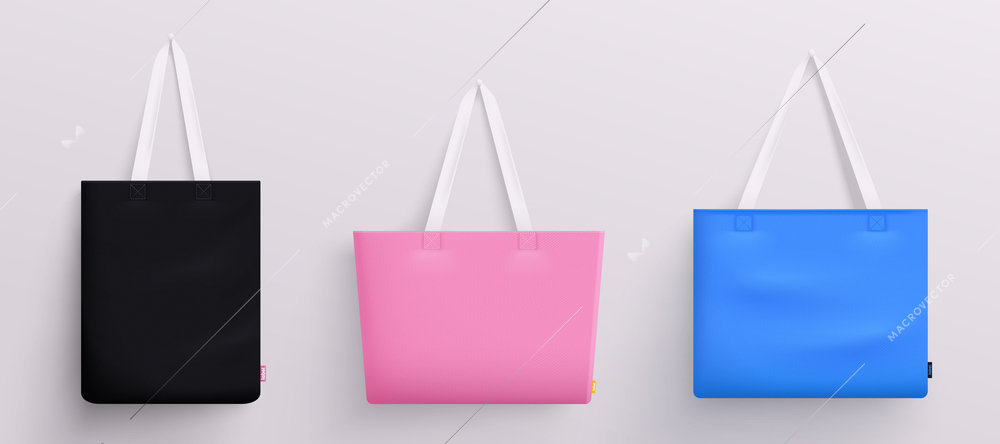 Tote fabric bag mockup realistic set of three hanging bags with white handles and colored bottom vector illustration