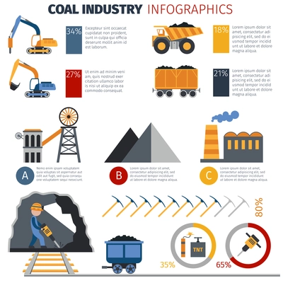 Coal industry metallurgy infographics with manufacture and transportation equipment and charts vector illustration