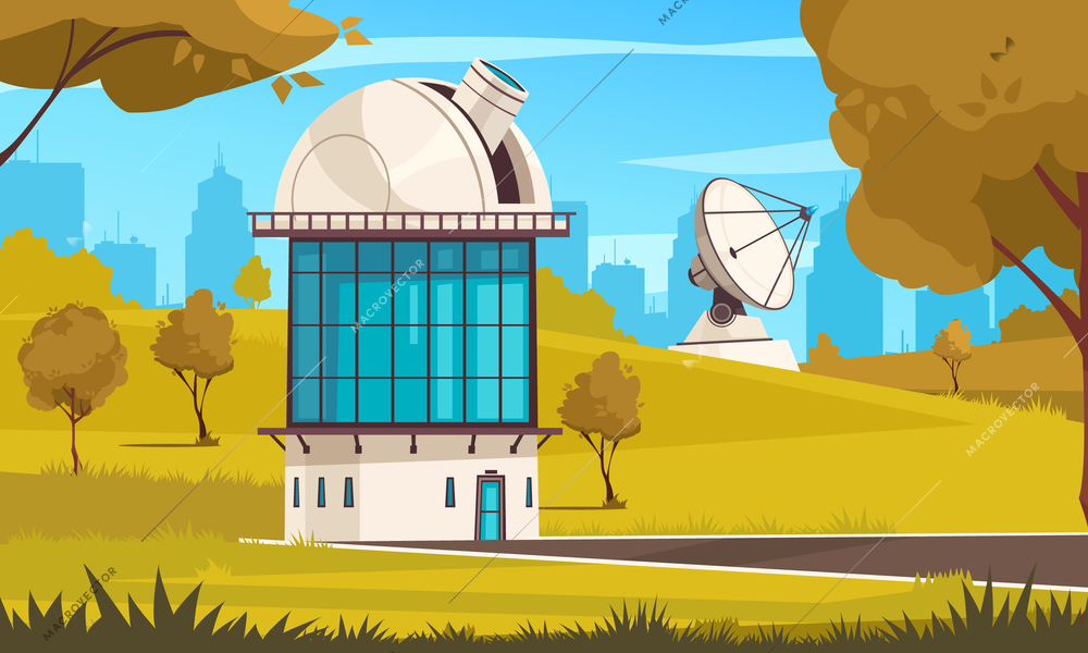 Observatory and research background with planetarium symbols flat vector ilustration