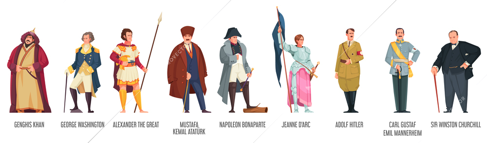 Historical people set with famous generals flat isolated vector ilustration