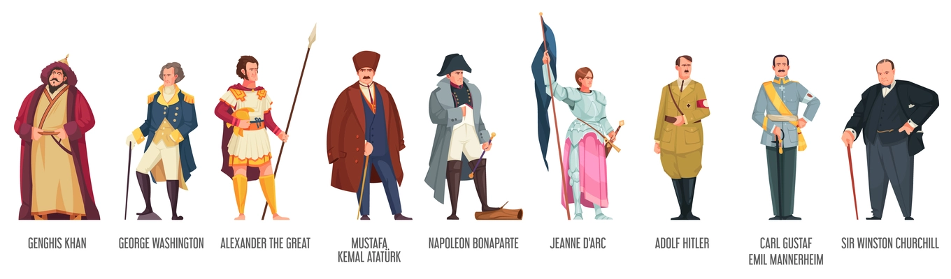 Historical people set with famous generals flat isolated vector ilustration