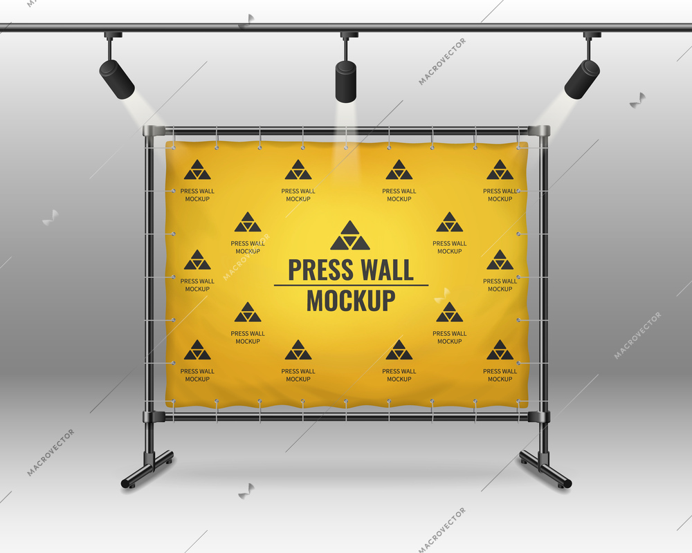 Yellow press wall mockup illuminated by spotlights on grey background realistic vector illustration