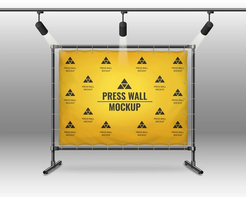 Yellow press wall mockup illuminated by spotlights on grey background realistic vector illustration