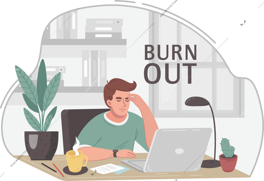 Man feeling professional burnout working on laptop with cup of coffee cartoon vector illustration