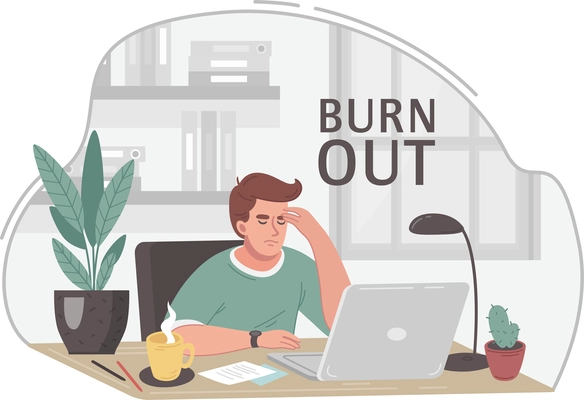 Man feeling professional burnout working on laptop with cup of coffee cartoon vector illustration