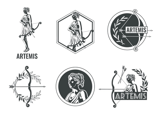 Greek olympian goddess emblems set with artemis and her bow isolated flat vector illustration