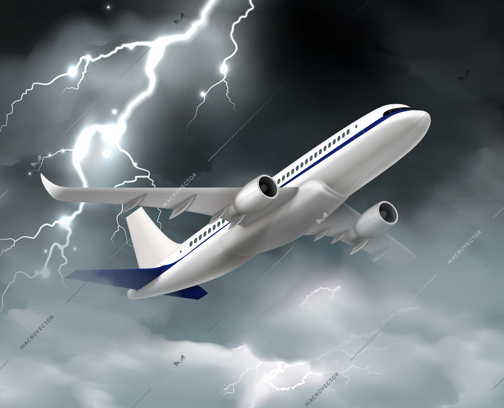 Flying airplane storm realistic composition with stormy scenery and aircraft flying through clouds and lightning bolt vector illustration