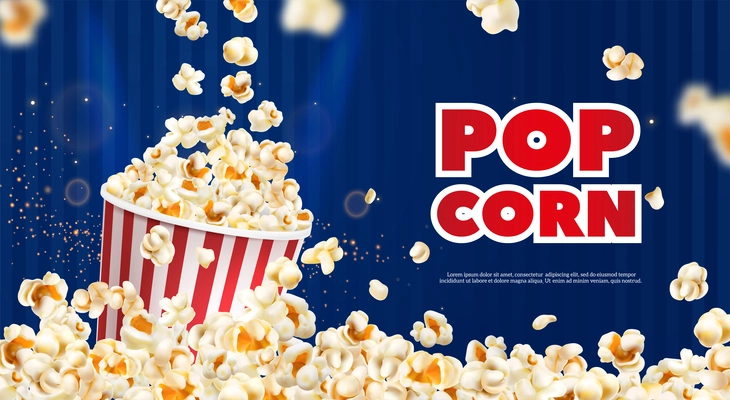 Realistic popcorn poster with flakes falling to bucket on blue background vector illustration