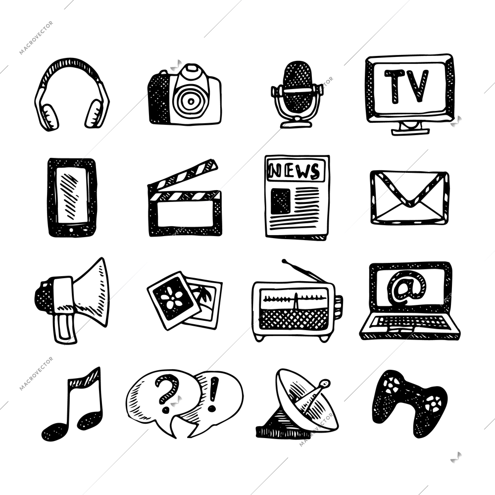 Media and news icons sketch set with megaphone newspaper headphones isolated vector illustration