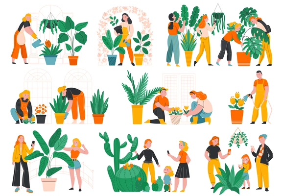 Botanical garden flat icons set with people growing exotic plants and cactuses isolated vector illustration