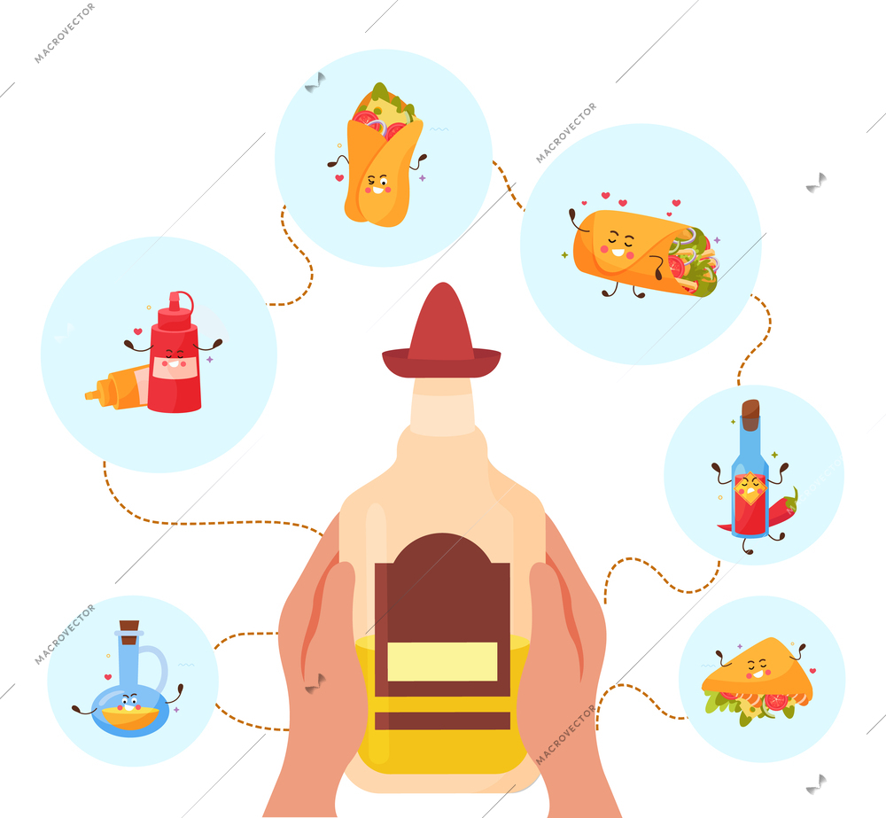 Mexican national design concept with cartoon tacos characters and bottles with condiments flat vector illustration