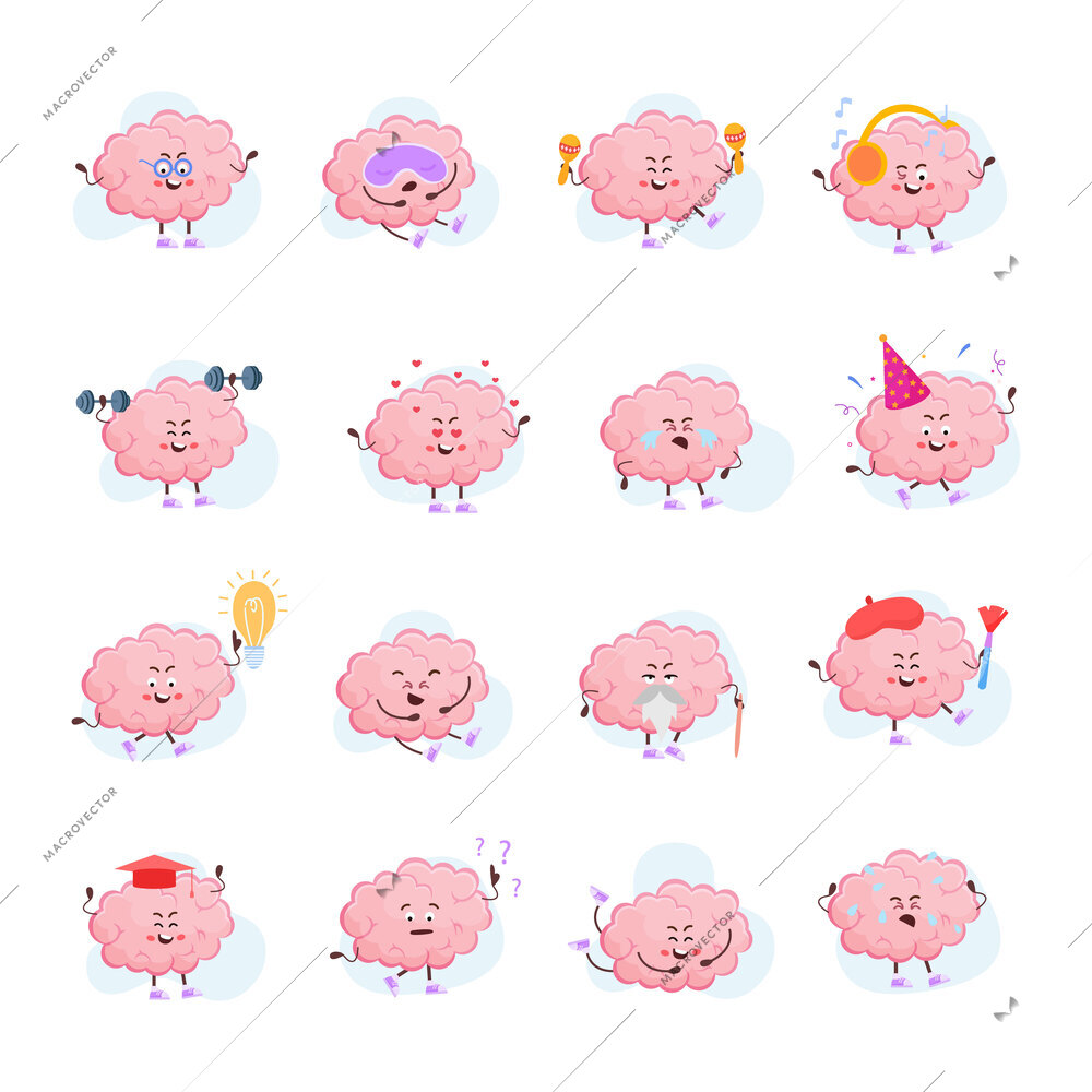 Pink brain emoticons cartoon set of isolated positive funny cute characters on white background flat  vector illustration