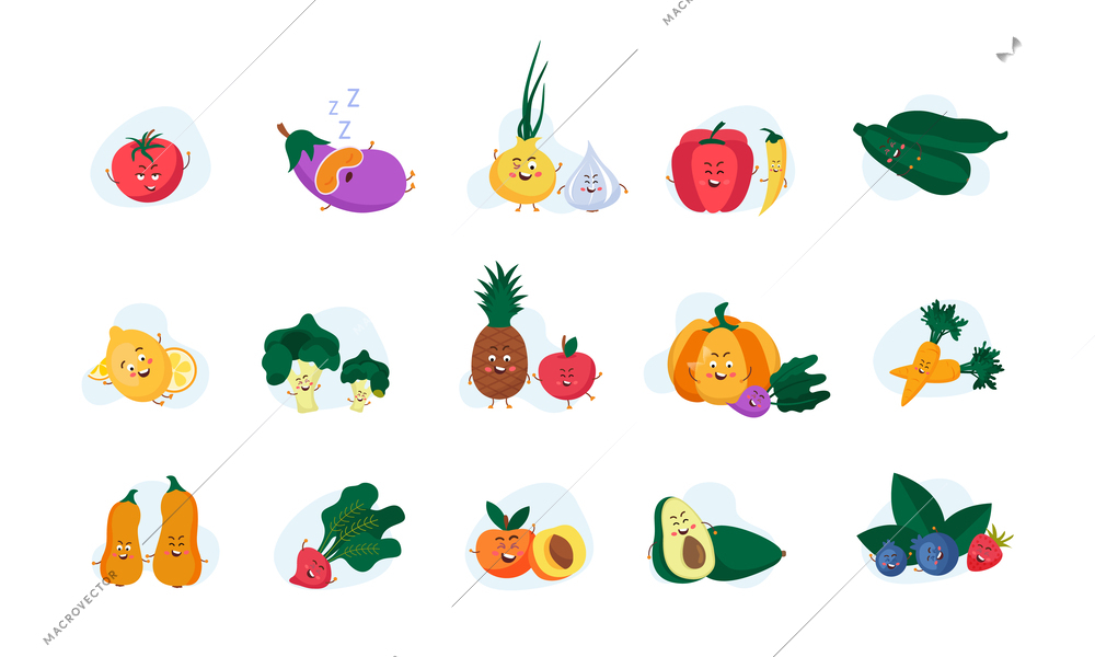 Vegan diet funny cartoon characters set of vegetables fruits and berries  flat isolated vector illustration