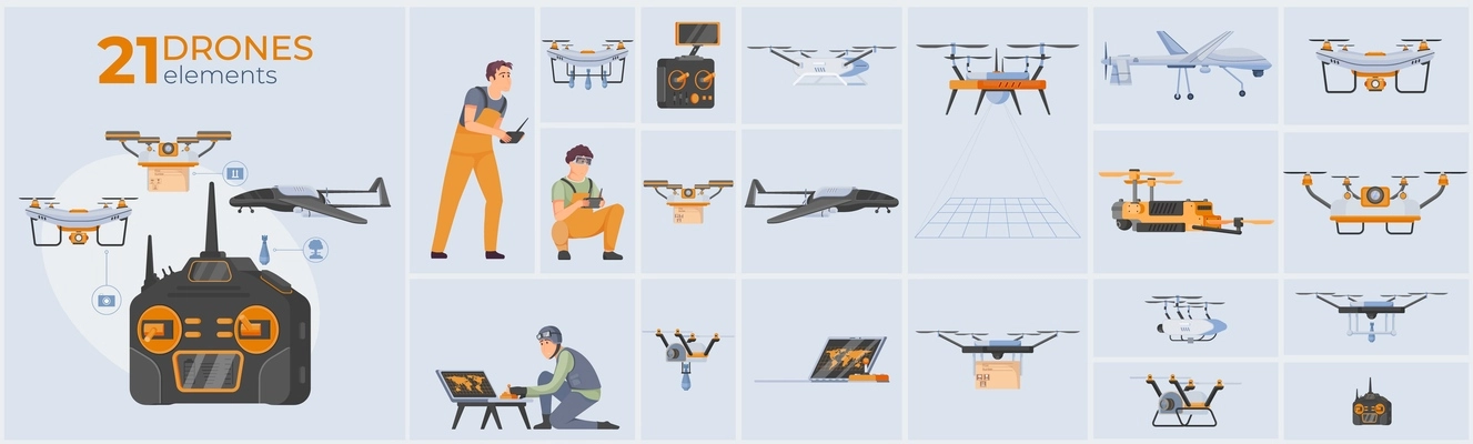 Drones composition set with unmanned aerial vehicles and monitoring symbols flat isolated vector illustration