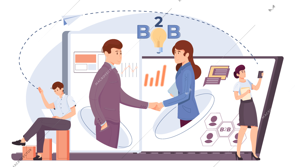 Business to business concept with purchase and contract symbols flat vector illustration