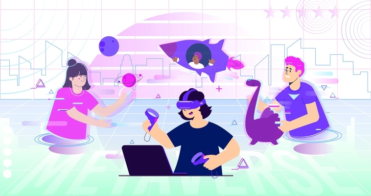 Metaverse flat composition with user wearing vr headset and people interacting with objects in virtual reality vector illustration