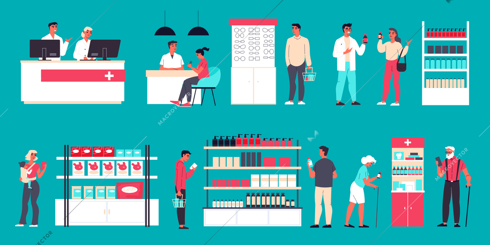Pharmacy color set with treatment and healthcare symbols flat isolated vector illustration